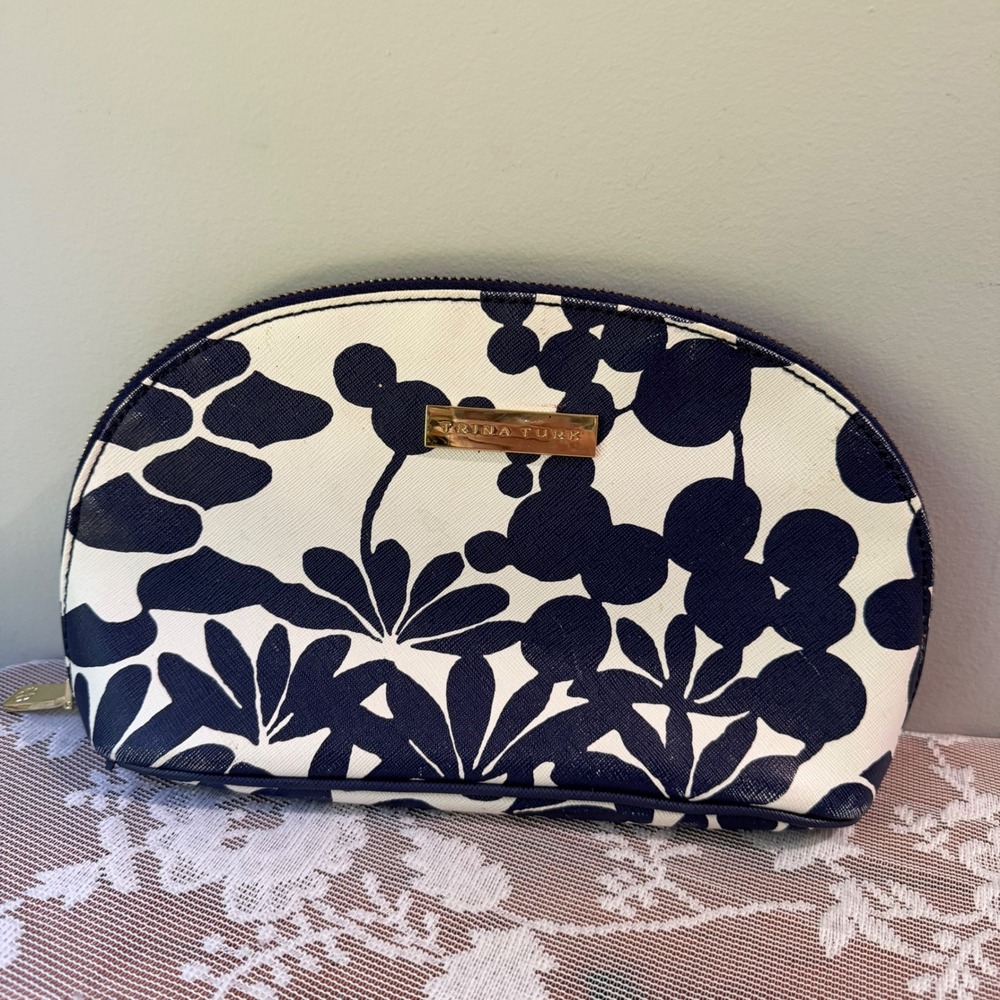Trina Turk Cosmetic Bag Womens OS Navy White Floral Good Saffiano Dome Pouch